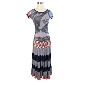 Nuvula Drop Waist Maxi Dress Face Plaid Dark Cabaret Goth Cello Art XS